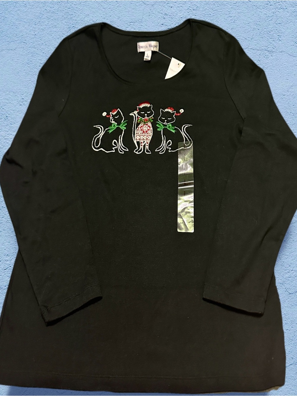 Rebecca Malone Black Long-Sleeve Top with Festive Cat Embroidery L